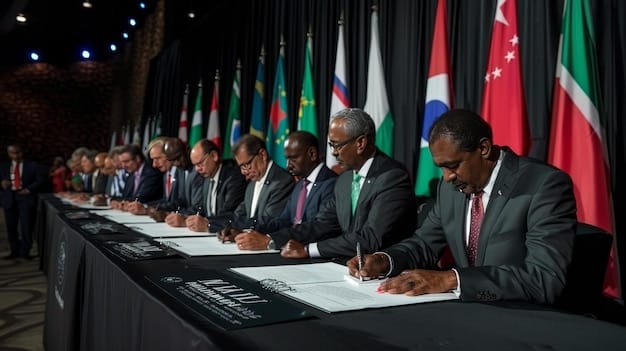 A group of Nigerian government officials meeting with representatives from an international copyright enforcement agency. The setting is a modern conference room with flags of both Nigeria and the international organization visible.