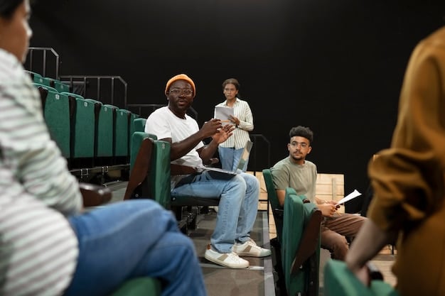 A diverse group of Nigerian actors and filmmakers on a film set, discussing a scene. The image captures the vibrant energy of Nollywood and the creative challenges they face under the updated guidelines.
