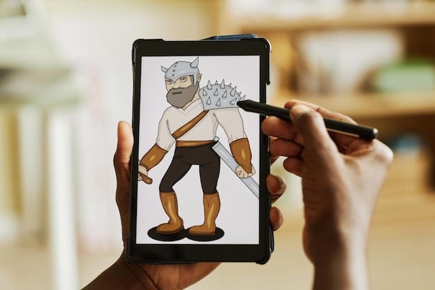 Close-up shot of a Nigerian animator's hands meticulously drawing character details on a digital tablet. The background is slightly blurred, focusing on the precision and artistry involved in animation.