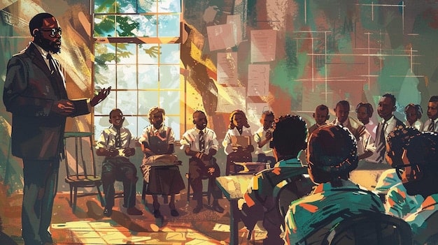 A diverse group of Nigerian animation students intently listening to an instructor during a training session. The classroom is equipped with modern computers and animation software, creating a conducive learning environment.