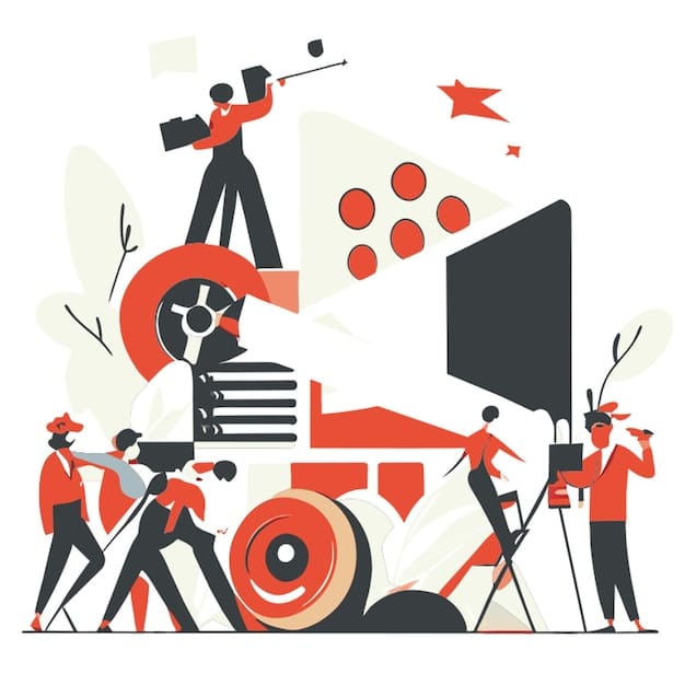 A graphic illustration representing the different stages of film production, from pre-production to post-production, with arrows indicating the flow and collaboration between different teams.