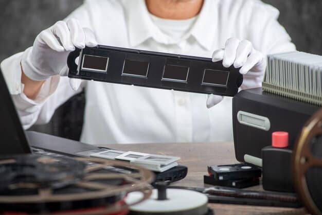 A modern film restoration laboratory with technicians working on digitizing and restoring old film reels, showcasing the advanced technology used in preservation.