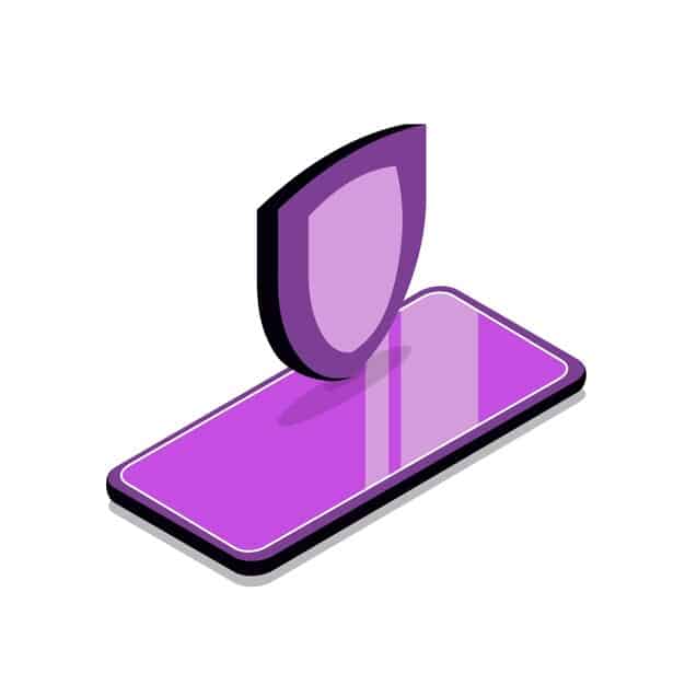 An illustration depicting a smartphone surrounded by a protective digital shield with the Bitdefender logo prominently displayed. The background features abstract shapes representing security and data flow.