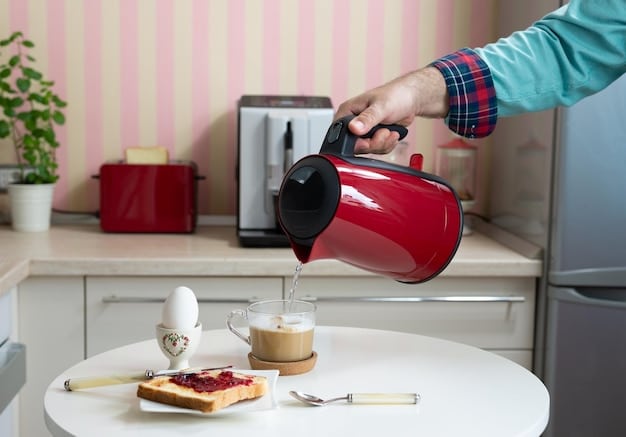 A hand descaling an electric kettle with a sponge and soapy water, showcasing the interior. The kettle is partially filled with a white vinegar solution and water. The setting is a bright, clean kitchen.