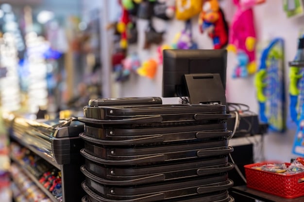 A photo of a busy aisle in a Nigerian electronics store, with shelves stocked with various power banks from different brands. The store environment should appear vibrant and well-lit.