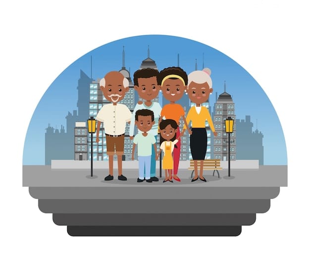 A split image showing a traditional Korean family gathering on one side and a traditional Nigerian family gathering on the other, highlighting the similarities in familial structures and values.