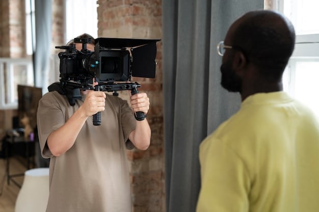 Close-up shot of Nollywood film directors collaborating on set, using modern filmmaking equipment in a studio environment. The lighting is professionally set, and the crew appears diverse and focused on their tasks.