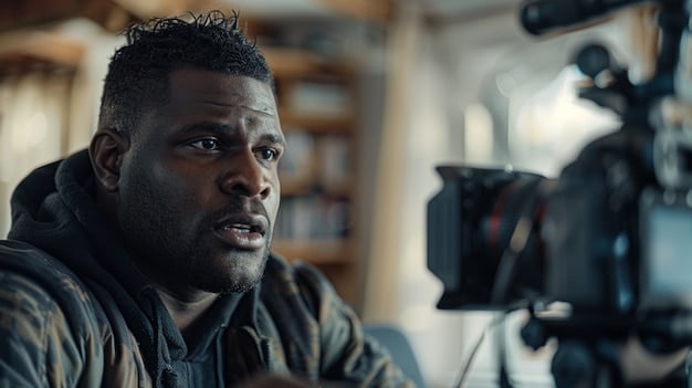 A close-up shot of a Nigerian film director reviewing footage on set, showcasing the expertise and dedication of the local crew. The background includes various production equipment and crew members in action.