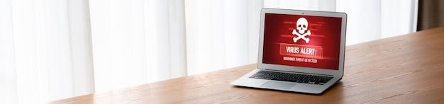 A laptop screen displaying a warning message about malware detected during the download of a pirated international series. The message is clear and alarming, highlighting the security risks.