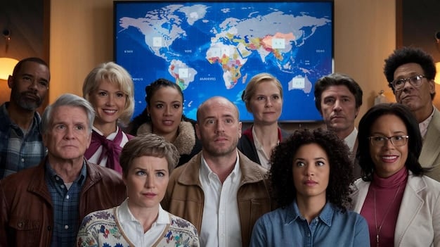 A diverse group of people from different countries watching an international television series together, showcasing the shared experience and connection facilitated by cultural exchange.