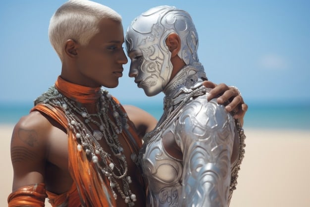 A still from an African sci-fi film, showcasing a character in futuristic attire interacting with traditional African objects, emphasizing the blend of technology and cultural heritage.