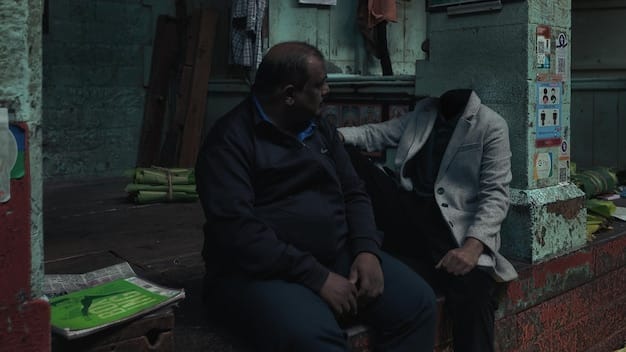 A still from a Nigerian crime drama featuring a detective in a dimly lit alleyway, examining a crime scene with a concerned expression. Rain is visible, adding to the atmosphere of suspense and tension.