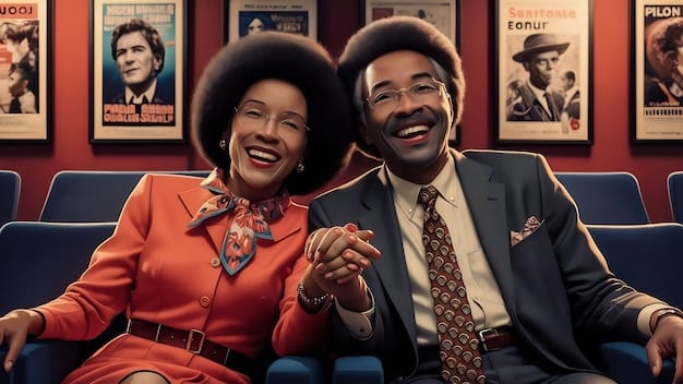 A screenshot from a popular Nigerian romantic comedy, showing the two main characters in a lighthearted and humorous scene. The actors are dressed in vibrant Nigerian traditional attire, and the background is a bustling Lagos market.