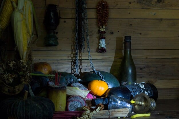 A dimly lit altar in a secret cult's chamber, with various ritualistic items scattered around, and masked figures performing a dark ceremony. The scene should evoke a sense of unease and occult mystery, capturing the essence of traditional witchcraft practices in Nigeria.